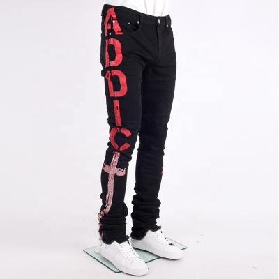 China 2021 New Viable Fashion Trend Custom Glitter Printed Mens Black Denim Stacked Jeans for sale