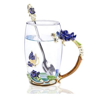 China 2020 Novelty European Flower Tea Cup Coffee Enamel Glass Mugs With Spoon And Lid For The Perfect Wedding Gift for sale