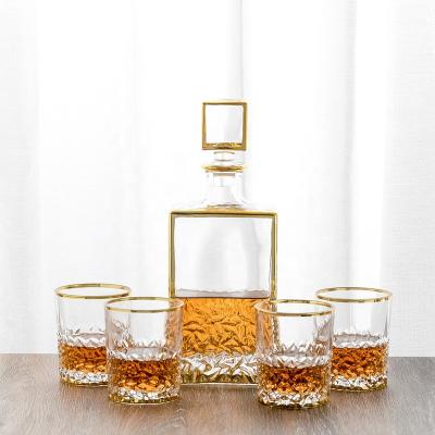 China Stocked Newly Launched 25oz Rectangular Gold Plated Crystal Whiskey Decanter Set for sale