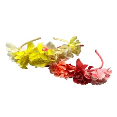 China Fashion Girl Hair Accessories Eco Plastic Wholesale Hair Band Elegant Pink Flower Alice Band With Leaves Fabric Kids for sale