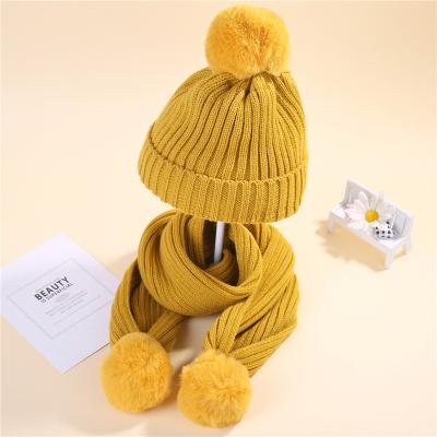 China Boys and girls hat and scarf costume with striped plush and warm in autumn winter knitted ball bib for sale