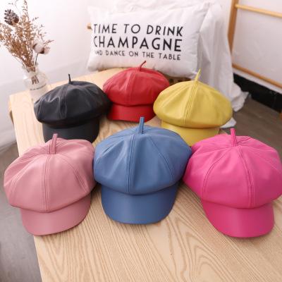 China New Octagonal Waterproof Kids Hat Autumn And Winter Beret Solid Leather For Boys And Girls for sale