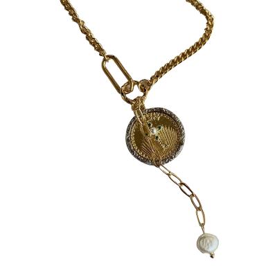 China 2021 TRENDY New Fashion Gold Plated Antique Coin Pendant Adorned With Pearl Y Necklace Women Jewerly for sale