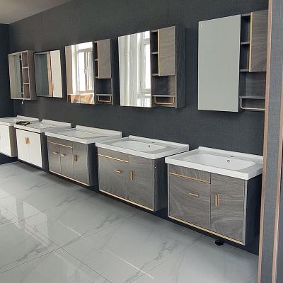 China Modern Luxury Manufacturer Ready Made Solid Bathroom Sink Cabinet Storage Set Wood Mirror Vanity With Light for sale