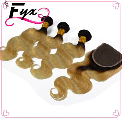 China 1bT613 Human Hair Extension Ombre Blonde Straight Hair Bundles European Dark Root Body Wave Virgin Hair With Lace Closure 4PCS/Lot for sale