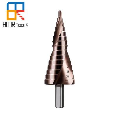 China BMR TOOLS 4mm-32mm 15steps triangle shank sprial flute hss step drill bit for metal hole drilling for sale