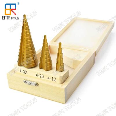 China Hot Sells HSS 4241 Ti-Coating Straight Step Drill Bit Set-3pcs set packed with wooden box-4-12mm/4-20mm/4-32mm for sale