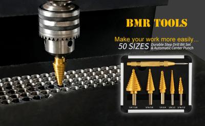 China 5PCS HSS Titanium Step Drill Bit Set with Automatic Center Punch and Multiple Hole 50 Inch Sizes for sale