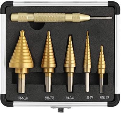 China Step Drill Bit Set & Automatic Center Punch- Unibit, Titanium Coated, Double Cutting Blades, High Speed Steel, Short Len for sale