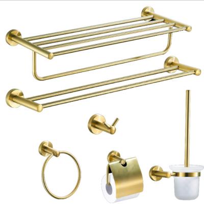 China Brushed Gold Stocked 6 Pieces Stainless Steel Towel Rack Bathroom Accessories Set for sale