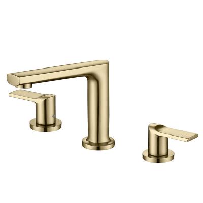 China Sense Faucets Gold Brass Brushed Double Handle 3 Hole Lavatory Faucet Basin Mixer for sale