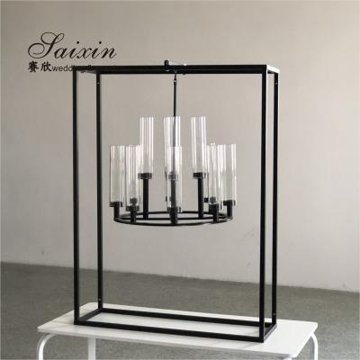 China New black rectangle frame with hanging chandelier candle holder zu verkaufen