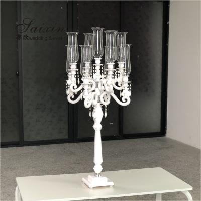 China Blue Crystal Glass Candelabra Hurricane 9 Arm White Crystal Candelabra For Event Decor for sale