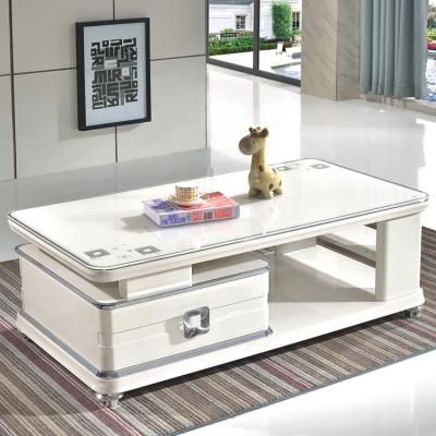 China High pure color extendable glass top coffee table tea table polishing treatment with solid wood drawers for sale