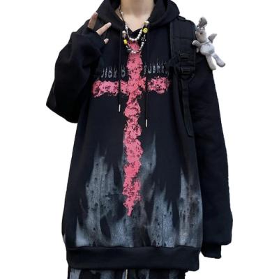 China Anti-pilling 2022 Black Fashion Casual Loose Sweatshirts Fashion Streetwear Hip Hop Fire Print Women Flaming Cross Graphic Hoodie for sale