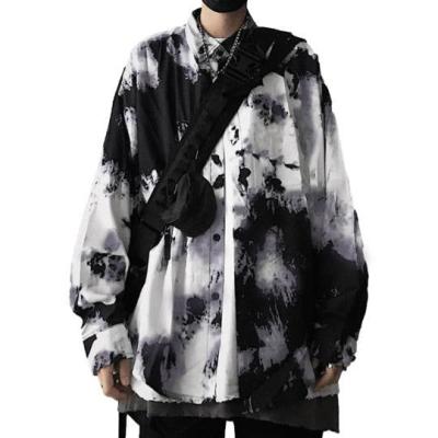 China Spring Tie Anti-pilling Dye Long Sleeve Casual Black Oversized Cotton Shirts Mens Streetwear Personality Printed Shirts for sale