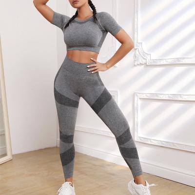 China Seamless Women's Yoga Set 2 Two Piece Equipment Logo Gray Women Gym Fitness Sets Custom Gym Sets for sale