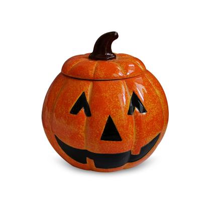 China Storage Jar for Candy Halloween Pumpkin Candy Jar Handpainting Dolomite Halloween Canister Ceramic Pumpkin Cookie Jar for sale