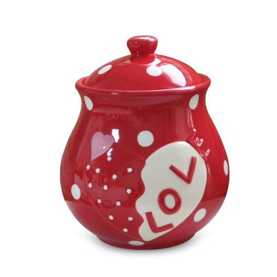 China Wholesale Airtighted Valentine Love Handpainting Dolomite Round Tin Canister Cookie Jar With Love Ceramic Storage Jar for sale