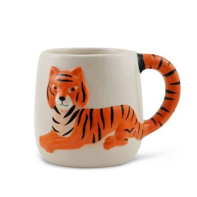 China Wholesale Customized Viable Ceramic Embossed Stoneware Dolomite 3D Tiger Mug Figure Handpainting Embossed Tiger Coffee Mug Novelty for sale