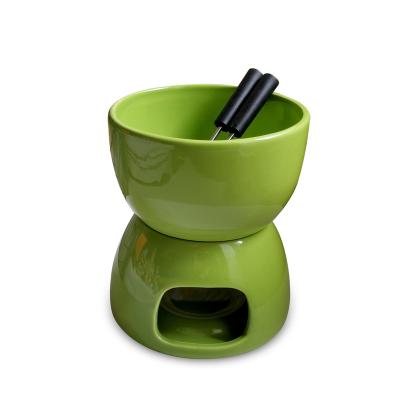 China Sustainable Ceramic Chocolate Fondue Set With Round Skewers Stoneware Fondue for sale