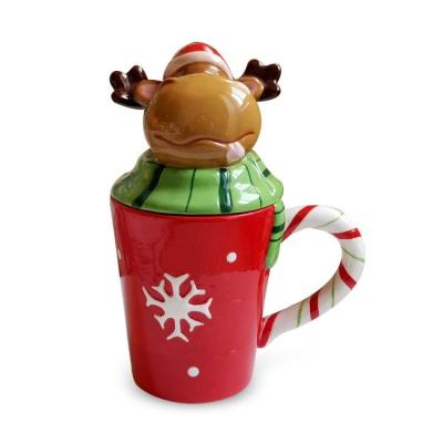 China Viable 3D Christmas Moose Mug Handpainting Moose Mug With Lid Dolomite Reindeer Lidded Coffee Mug for sale