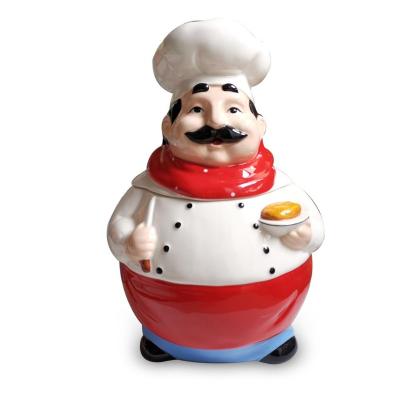 China Microwavable Canister in Chef Shape Dolomite Biscuit Storage Jar Ceramic Handpainting Cookie Jar for sale