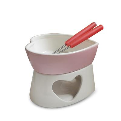 China Heart Shape Sustainable Ceramic Chocolate Fondue Set With Skewers Stoneware Fondue for sale