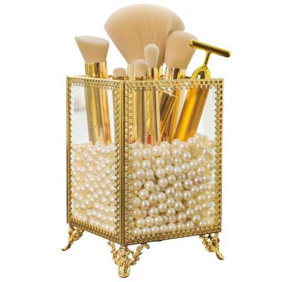 China Glass Tableware Pen Holder Makeup Brush Holder Gold Metal Tube Brush Viable Transparent Cosmetic Storage Box Brush Holder for sale