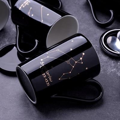 China Stored Constellations Ceramic Mugs With Spoon Lid Gold Pattern Milk Coffee Mug Couples Cup Custom Logo Ceramic Mug for sale