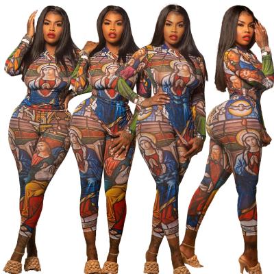 China 2022 winter casual women's autumn new arrival oil painting printing street style slimming two-piece T-shirt and nine pants suits for sale