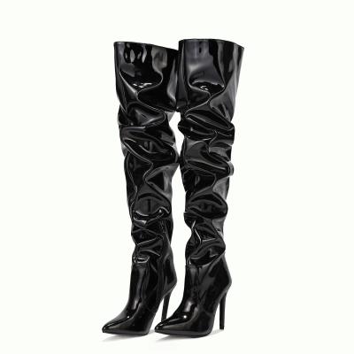 China Breathable Hot Selling Sexy Black Patent PU High Heel Boots Women's Upper Shoes Fashion Women's Shoes 11 Cm Heel Point Toe Women Boots for sale