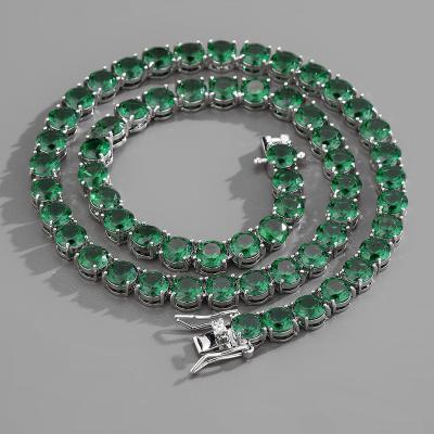 China electrostatic packing 7mm Emerald Zircon Cuban Necklace Tennis Chain HipHop Anti-scratch film one row chain tennis chain for sale