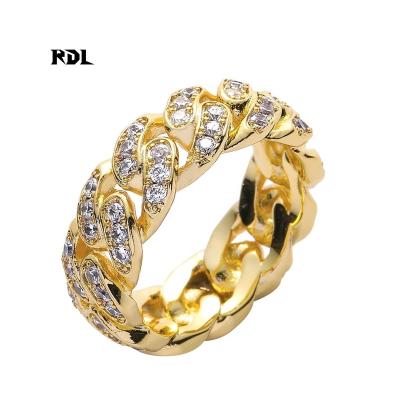 China Real Gold Plating And Color Retention Personality Trend Index Ring Fashion Hollow Ring Street Style Cuban Chain Men's Hip Hop Ring for sale