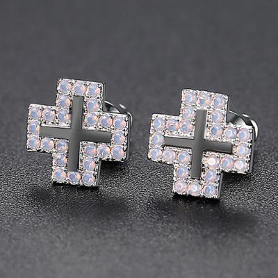 China Fast Delivery 18K Men's Zircon Cross Earrings Hot Selling Hip Hop Copper Zircon Stud Earrings Wholesale for sale