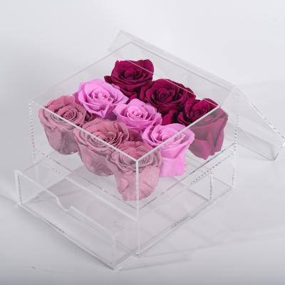 China Events Decoration New Product Handmade Artificial Rose Box Valentine Preserved Roses Acrylic Drawer Box for sale