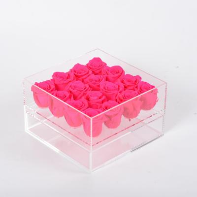 China 2021 Hot Selling Romantic Real Rose Acrylic Preserved Box Preserved Roses Head Christmas Flowers For Decoration Wedding Gift for sale