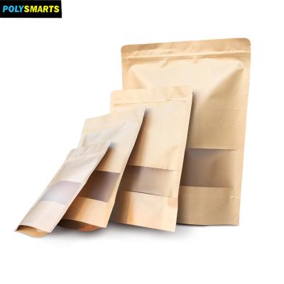 China Recyclable Custom Different Stand Up Kraft Paper Pouch Plastic Doypack Paper Bags With Clear Window For Tea, Coffee Dry Food Packaging for sale