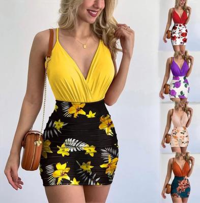 China women set two-piece set sexy V-neck two-piece sleeveless suspender V-neck sexy two-piece set Wome Anti-wrinkle summer floral print tight skirt suit for sale