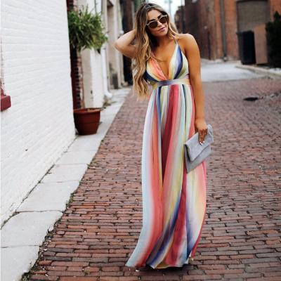 China New Arrival Anti-Static Women's Casual Wear Boho Rainbow Stripe Sling Backless Dress For Summer Coldker for sale