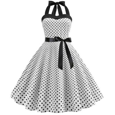 China White Halter Vintage Dress Dot Print Summer Dress Sexy Anti-Static Polka Dot Women Retro Plus Size Long Dress Female Pin Up Rockabilly Party Dress for sale