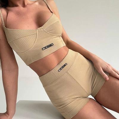 China 2022 New Sport Breathable Women Matching Shorts Set Crop Ribbed Knitted Top And Biker Shorts Two Pieces One Suit Booty Shorts Set Tracksuit for sale