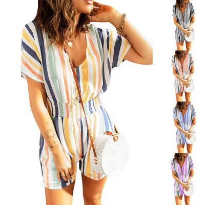 China Summer 2022 European and American elastic waist new fashion printing V-neck button coldker striped overalls viable for sale