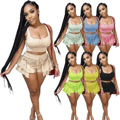 China Breathable Ruffles Halter Crop Top+ Shorts Sets Two 2 Piece Set Women Party Club Teams 2022 Vacation Summer Clothes Female Streetwear for sale