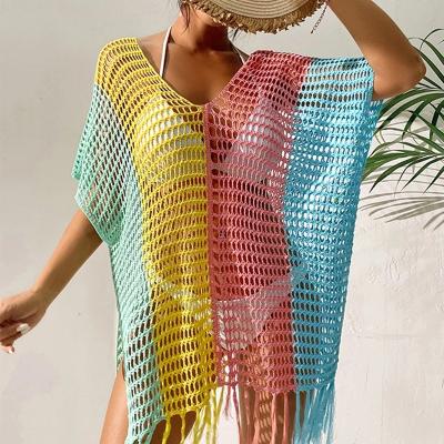 China Breathable Sexy Hollow Out Beach Cover Ups For Women Red Pink Boho Patchwork Dress Fringe V-Neck Bikini Cover Up 2022 Trend Bohemian Tunic for sale