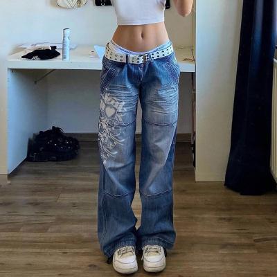 China Simple Panties 2022 Women Autumn Low Waist Long Trousers Vintage Streetwear Street Jeans Woman Y2K Gothic Loose Casual Denim Print QUICK DRY for sale