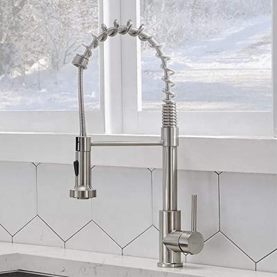 China Modern Commercial Sense Faucets Spring Brushed Nickel Pull Out Single Handle Sprayer And Single Lever Pull Down Kitchen Sink Faucet for sale