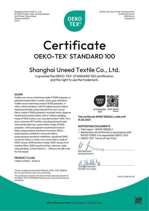 OEKO-TEX STANDARD 100 Certificate - Shanghai Uneed Textile Co.,Ltd