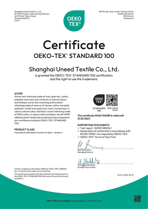 OEKO-TEX STANDARD 100 Certificate - Shanghai Uneed Textile Co.,Ltd