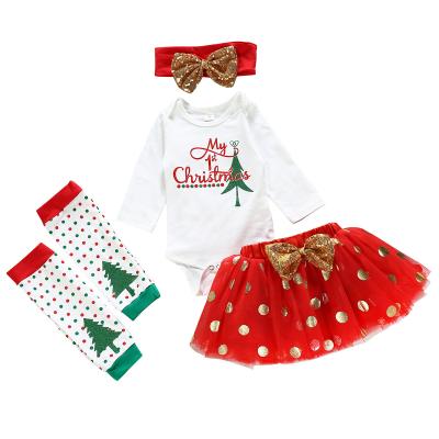 China Wholesale 2021 Pcs Anti-Shrink 100% Cotton Jumpsuit Skirt Headband 4 Outfits Christmas Infant Girl Clothes Sets Newborn for sale